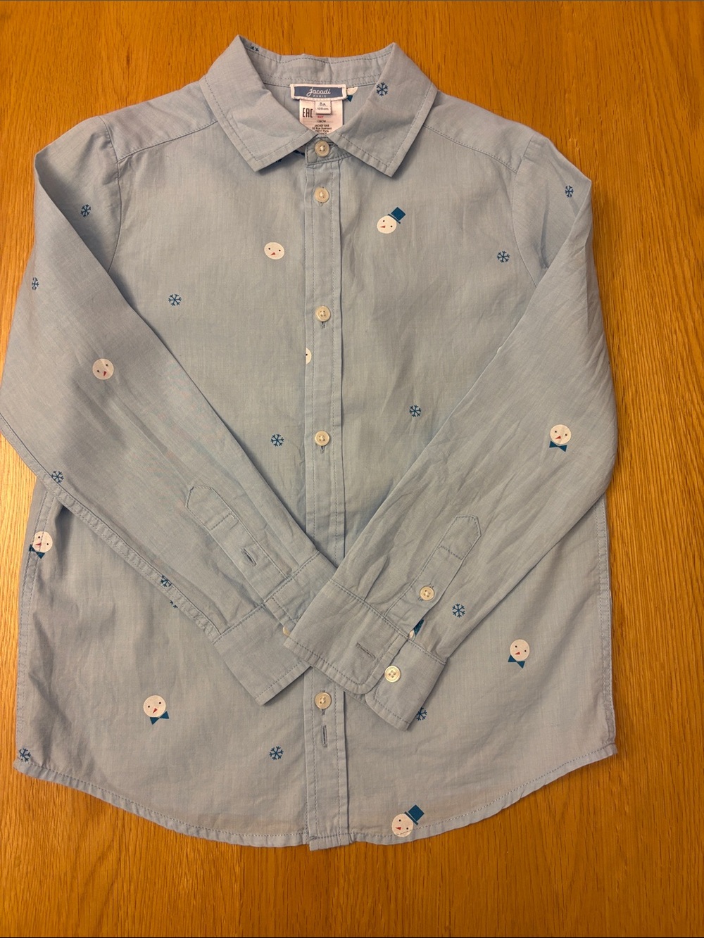 Jacadi Light Blue Button-Down Shirt with Snowman and Snowflake Motif - 8 years